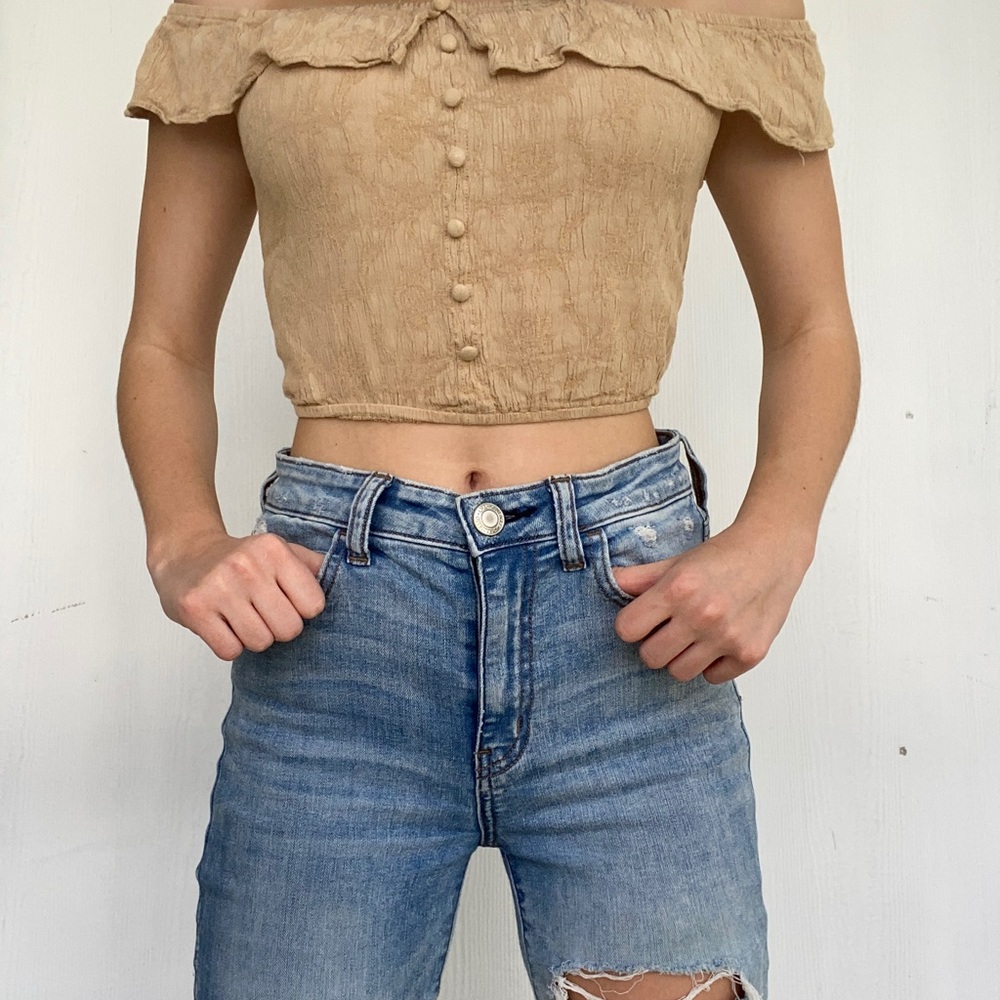 Beige textured off the shoulder crop top